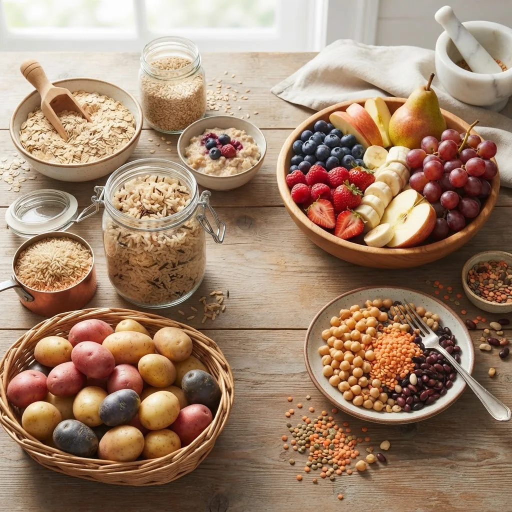 منابع کربوهیدرات شامل غلات، میوه، سیب‌زمینی و حبوبات