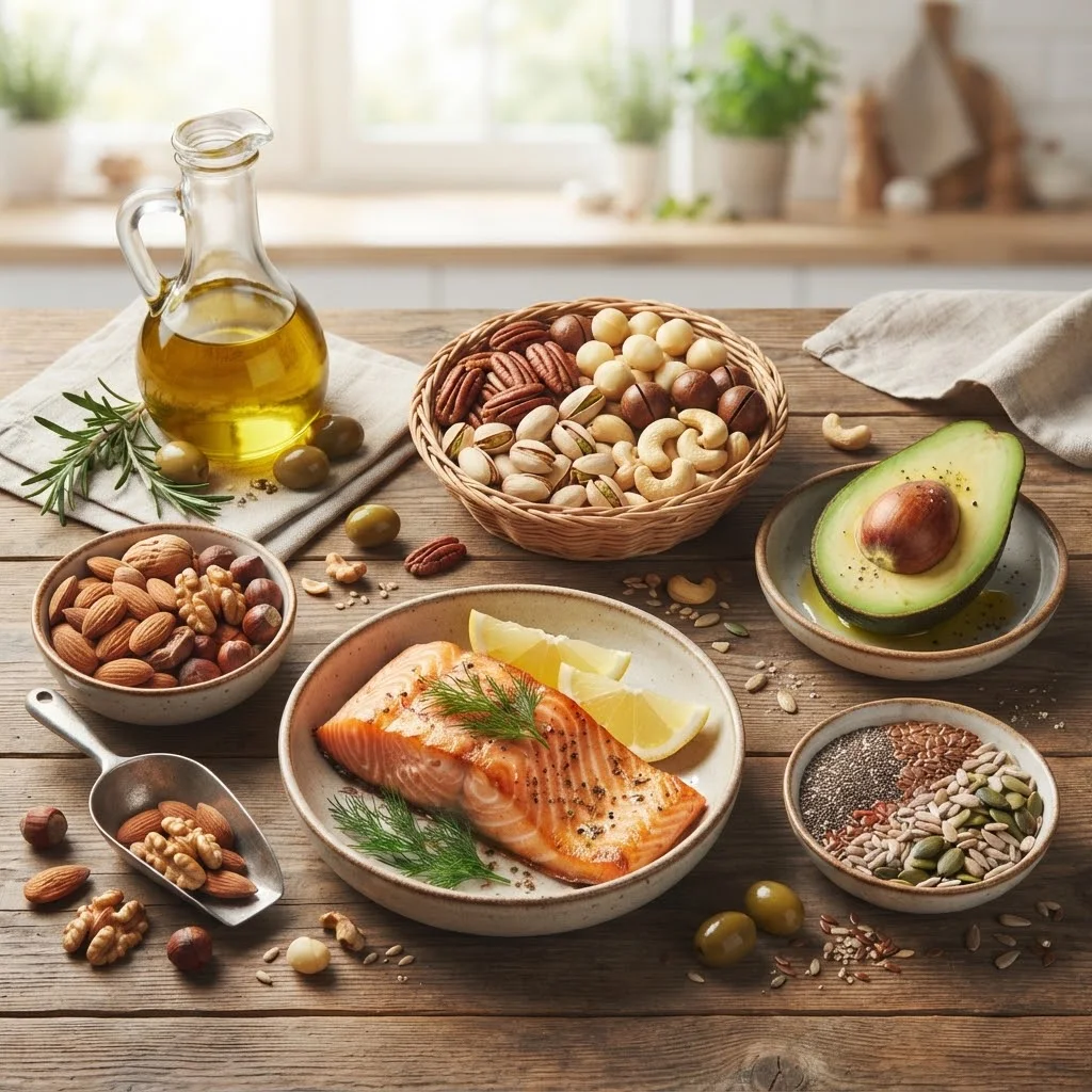 منابع چربی غذایی شامل روغن زیتون، مغزها، آووکادو و ماهی
